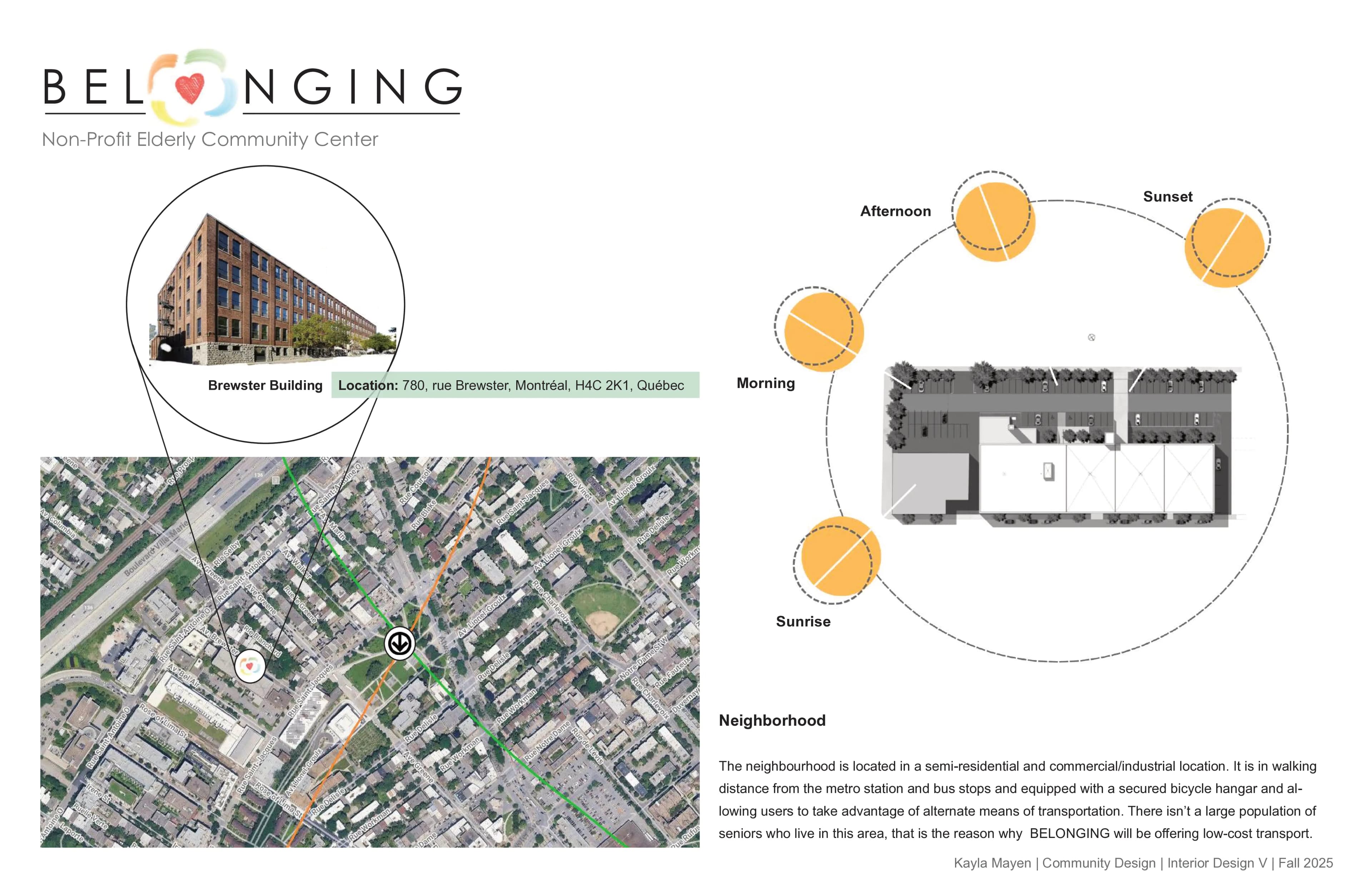 Belonging project overview with Brewster Building location, sun study and neighborhood analysis