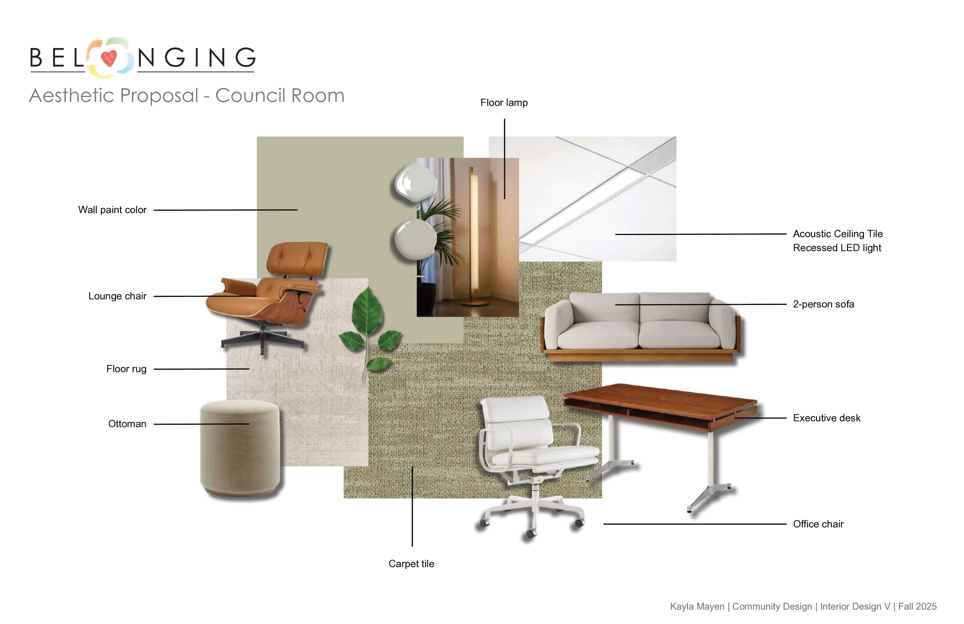 Aesthetic proposal mood board for council room with Eames lounge chair, executive desk, olive green carpet and warm wood tones