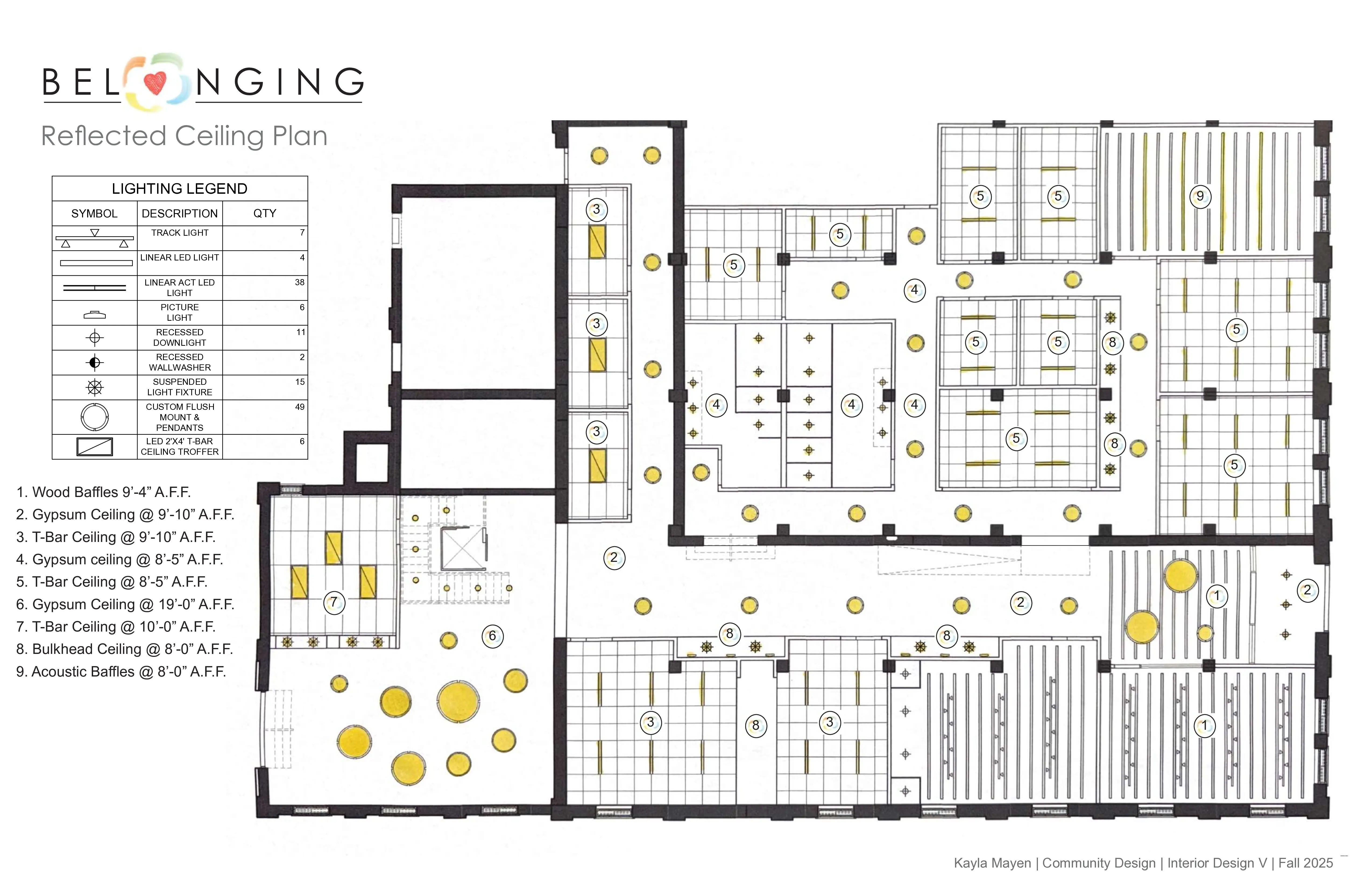 Reflected ceiling plan with lighting legend and nine ceiling types