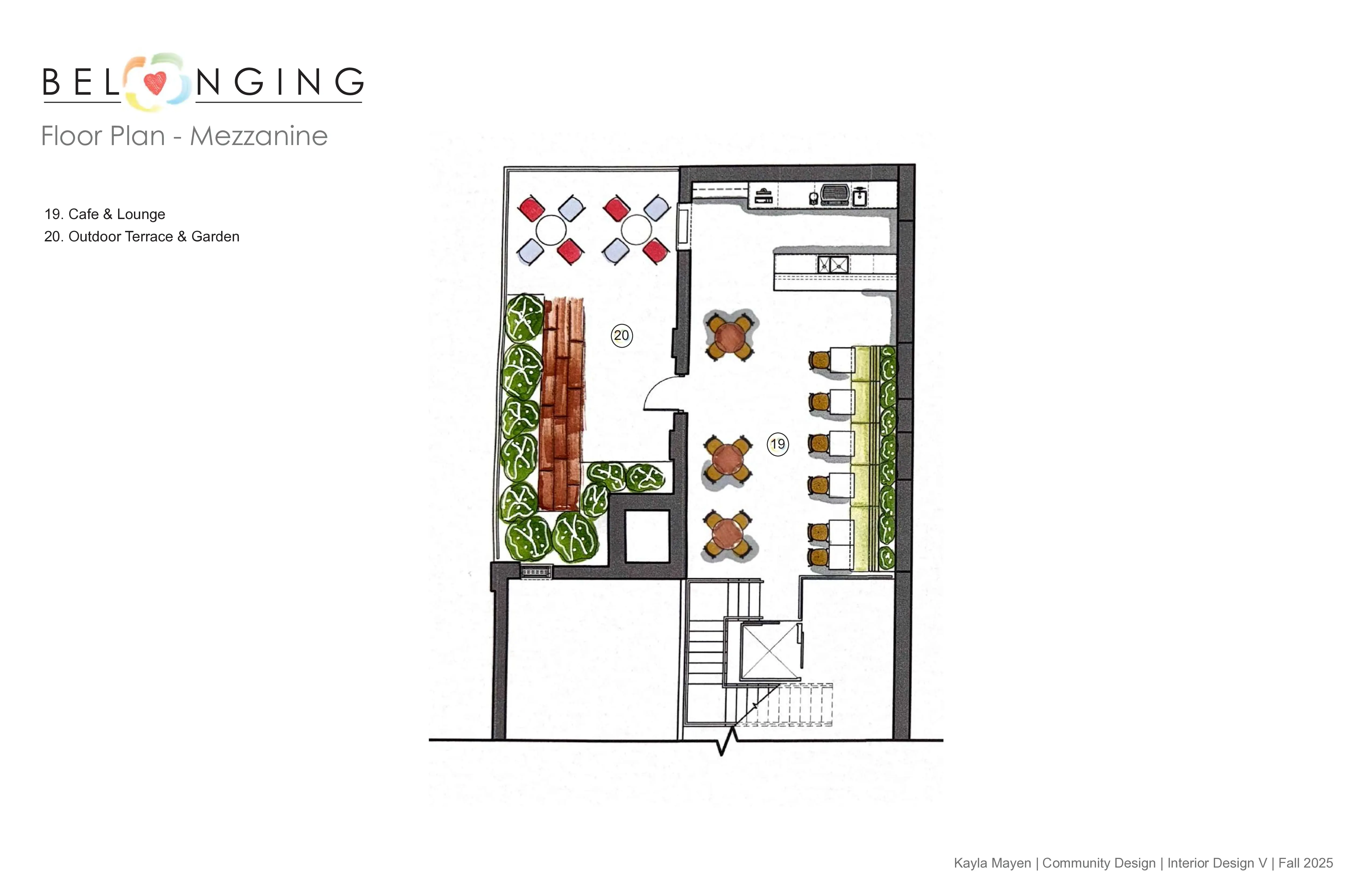 Mezzanine floor plan with cafe, lounge, outdoor terrace and garden