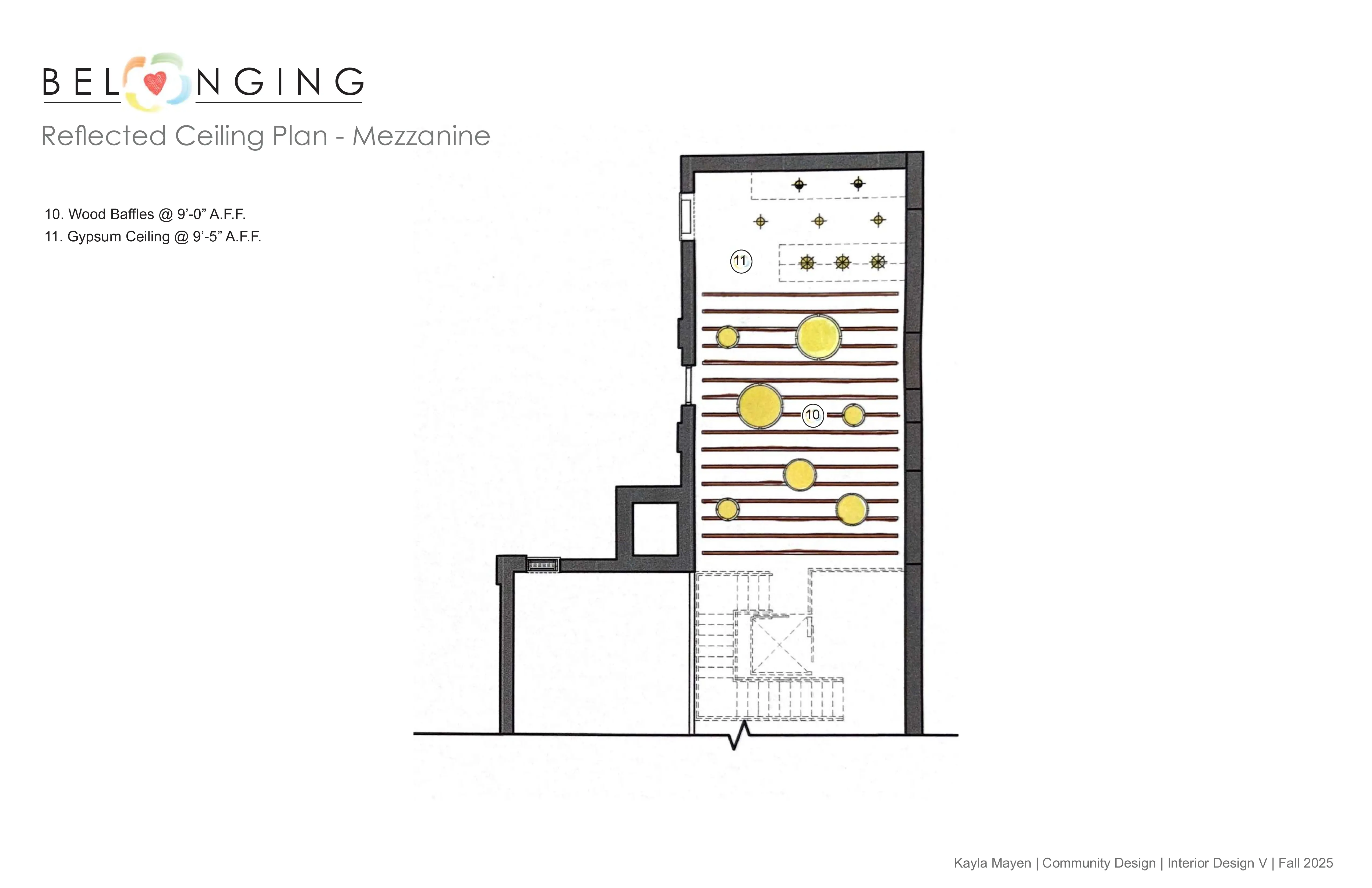 Mezzanine reflected ceiling plan with wood baffles and gypsum ceiling