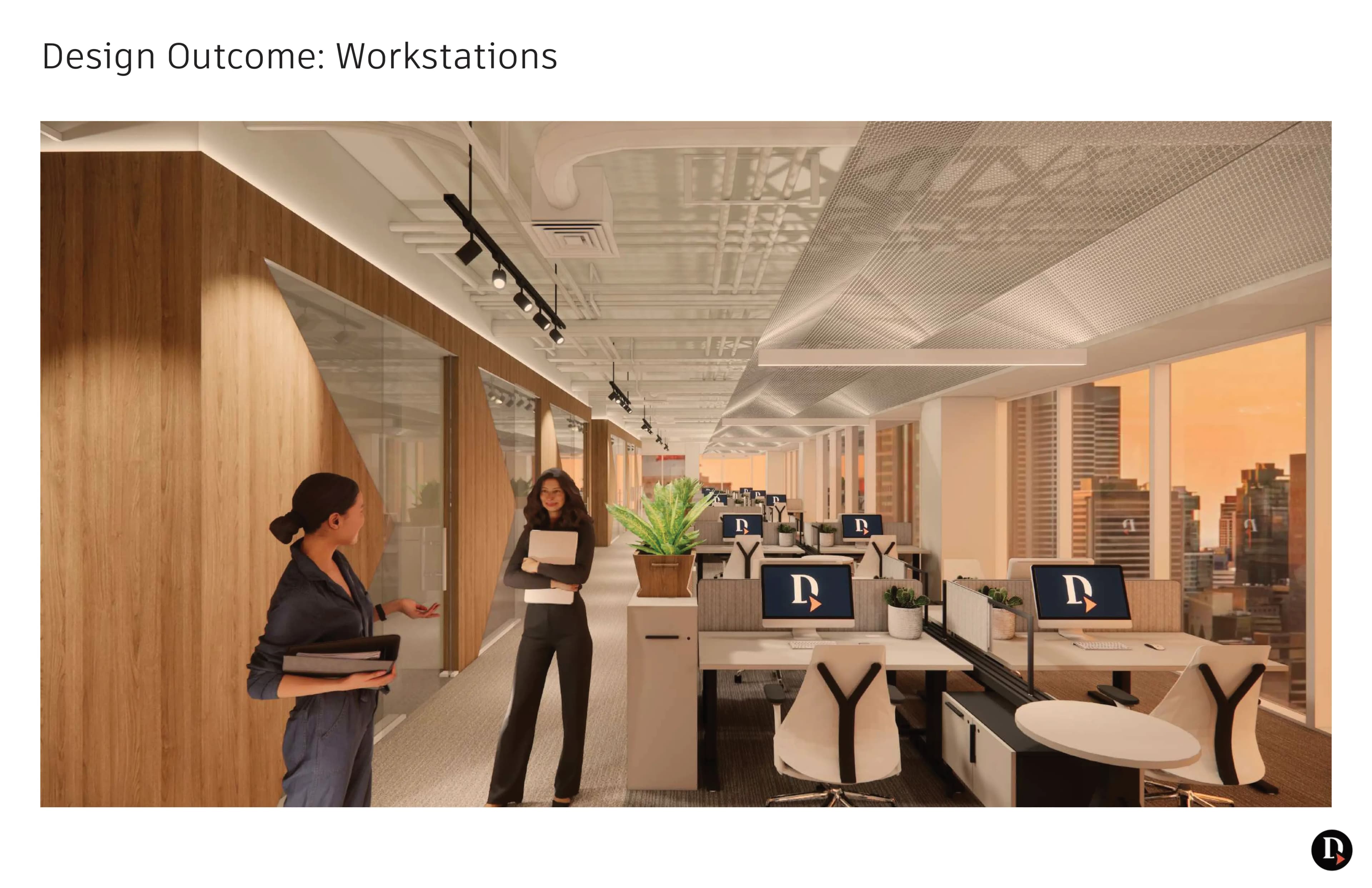 Rendu 3D des postes de travail ouverts avec vue sur les gratte-ciels au coucher du soleil, écrans Directive et modules de réunion en bois