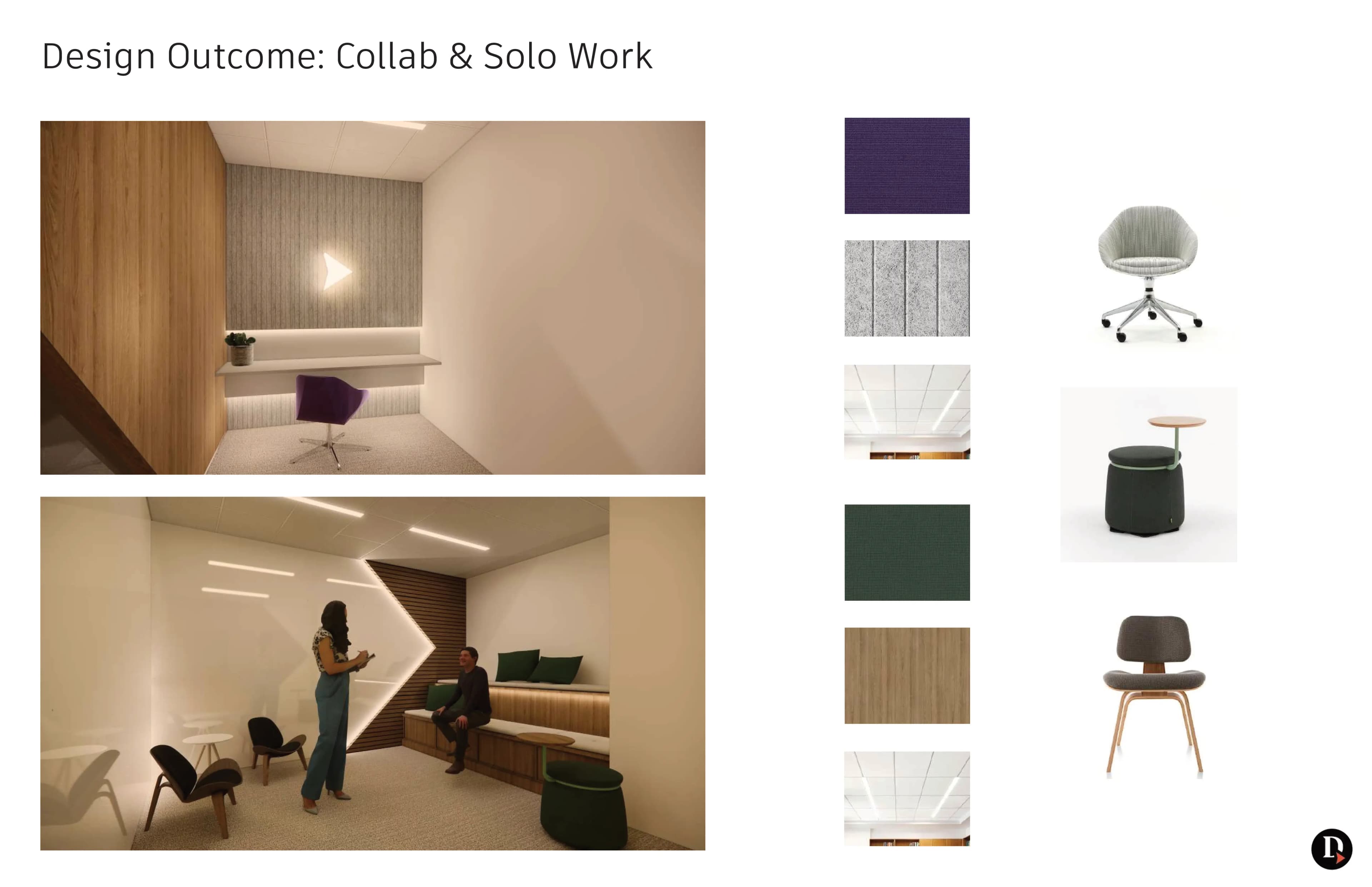 Espaces de collaboration et travail solo avec rendus 3D de la salle focus et du salon de réunion, échantillons et mobilier