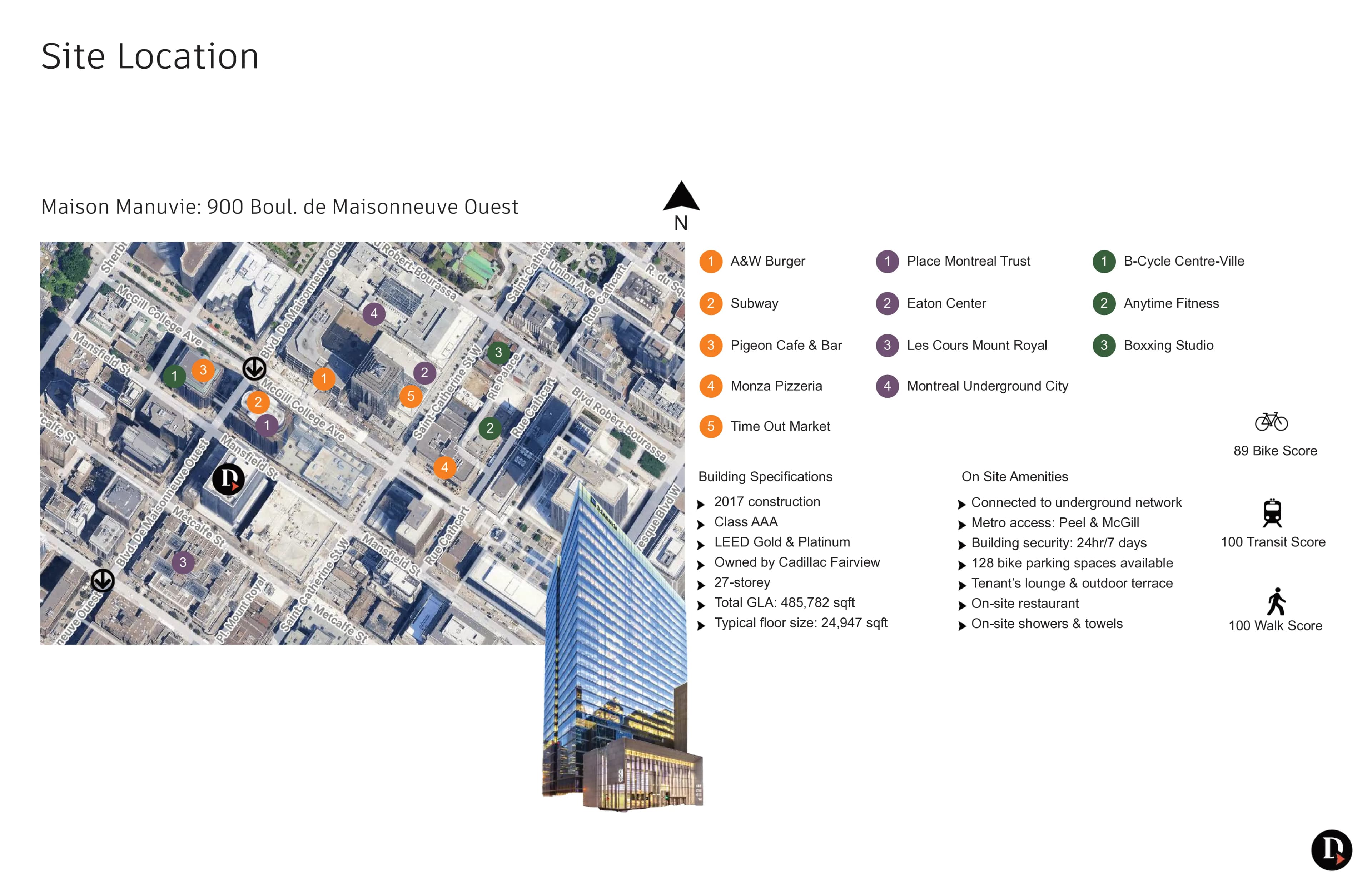 Carte d'emplacement de la Maison Manuvie avec spécifications du bâtiment et commerces avoisinants