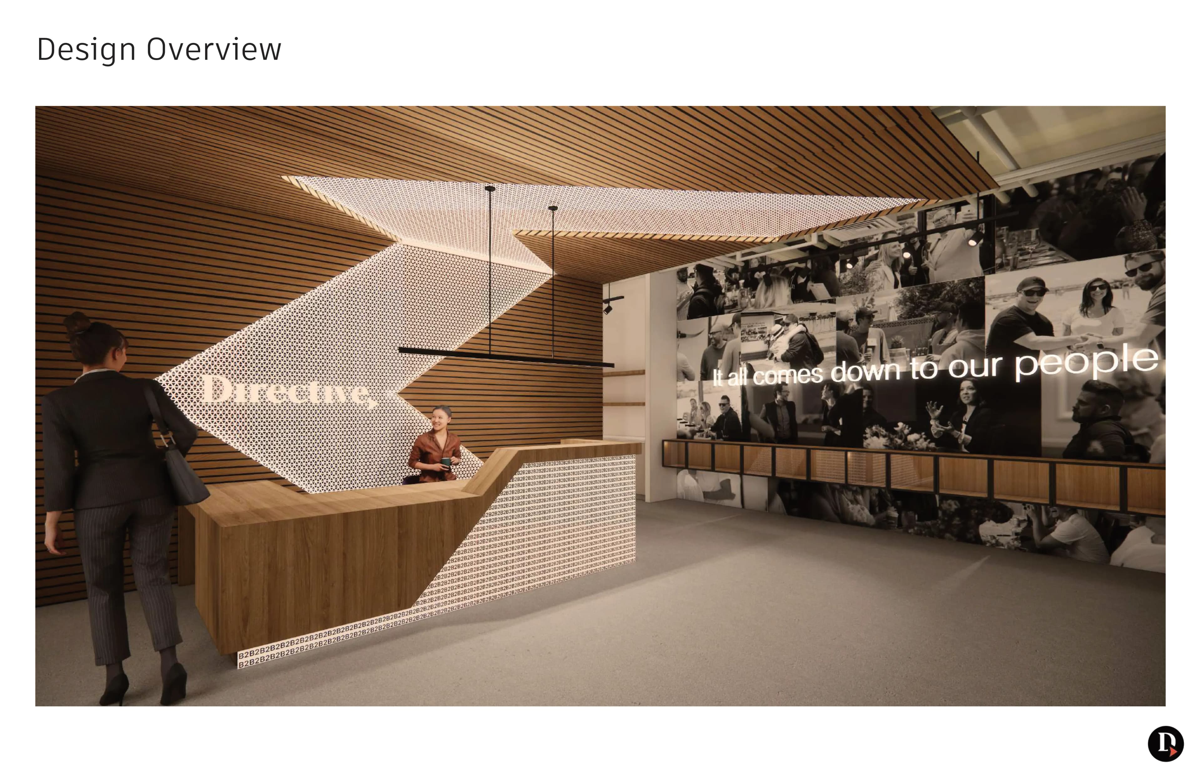 Rendu 3D de la réception avec image de marque Directive, mur à lattes de bois et plafond en métal perforé à motif chevron