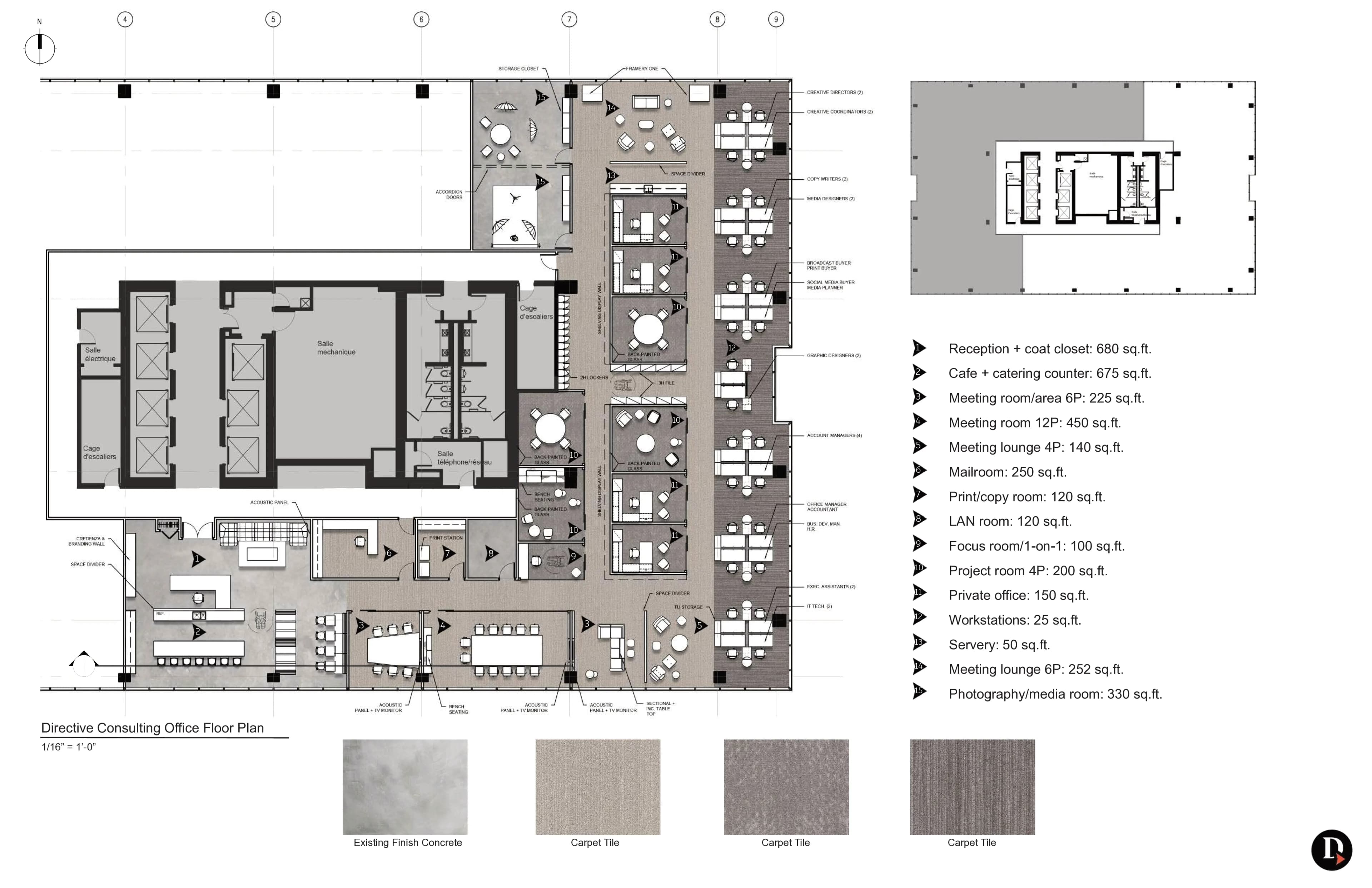 Plan d'étage du bureau Directive Consulting à l'échelle 1/16 avec répartition des espaces et échantillons de revêtements de sol