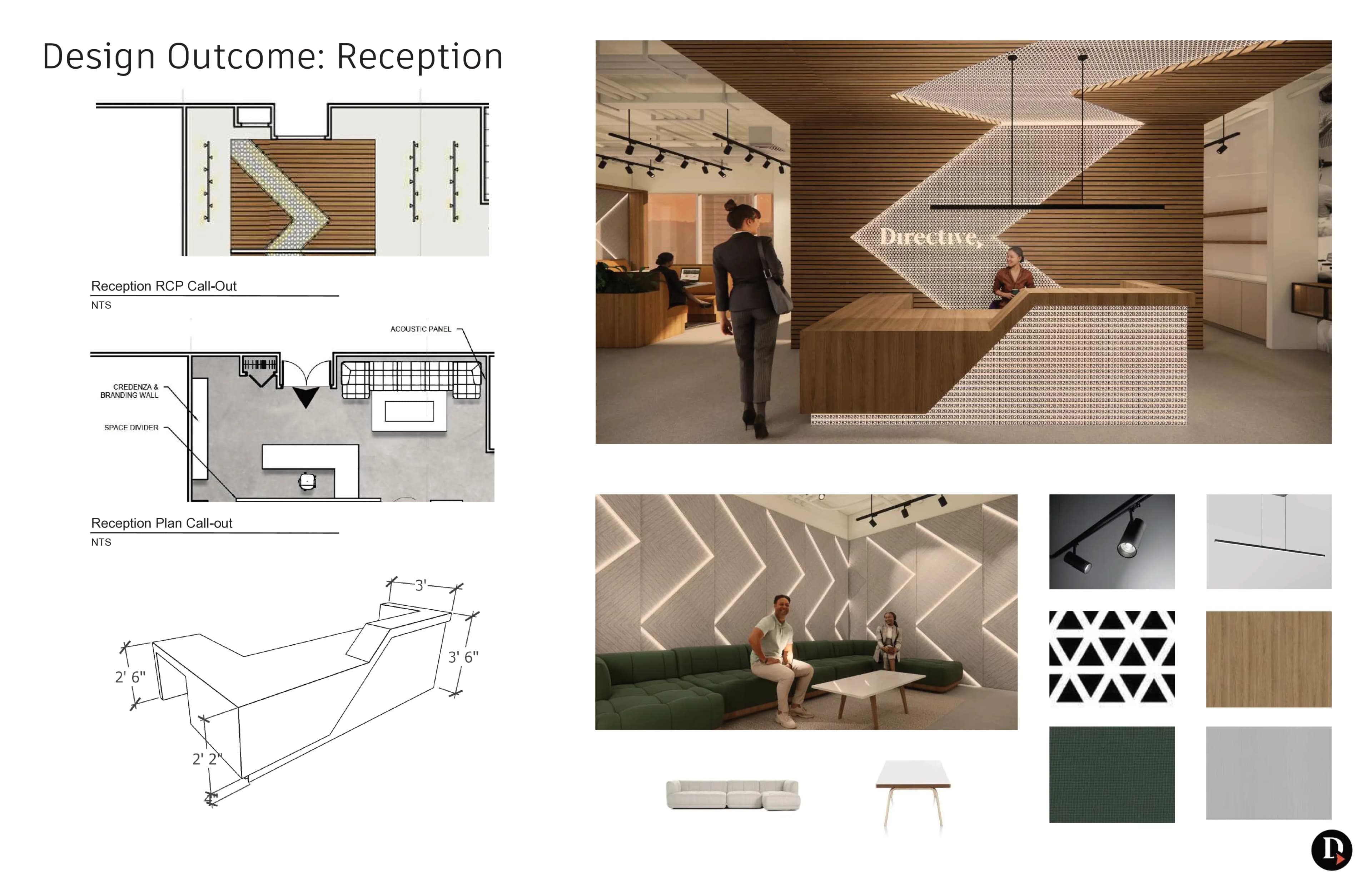 Résultat de design de la réception avec détails de plafond, plan, dimensions du bureau, rendus 3D et sélections de matériaux