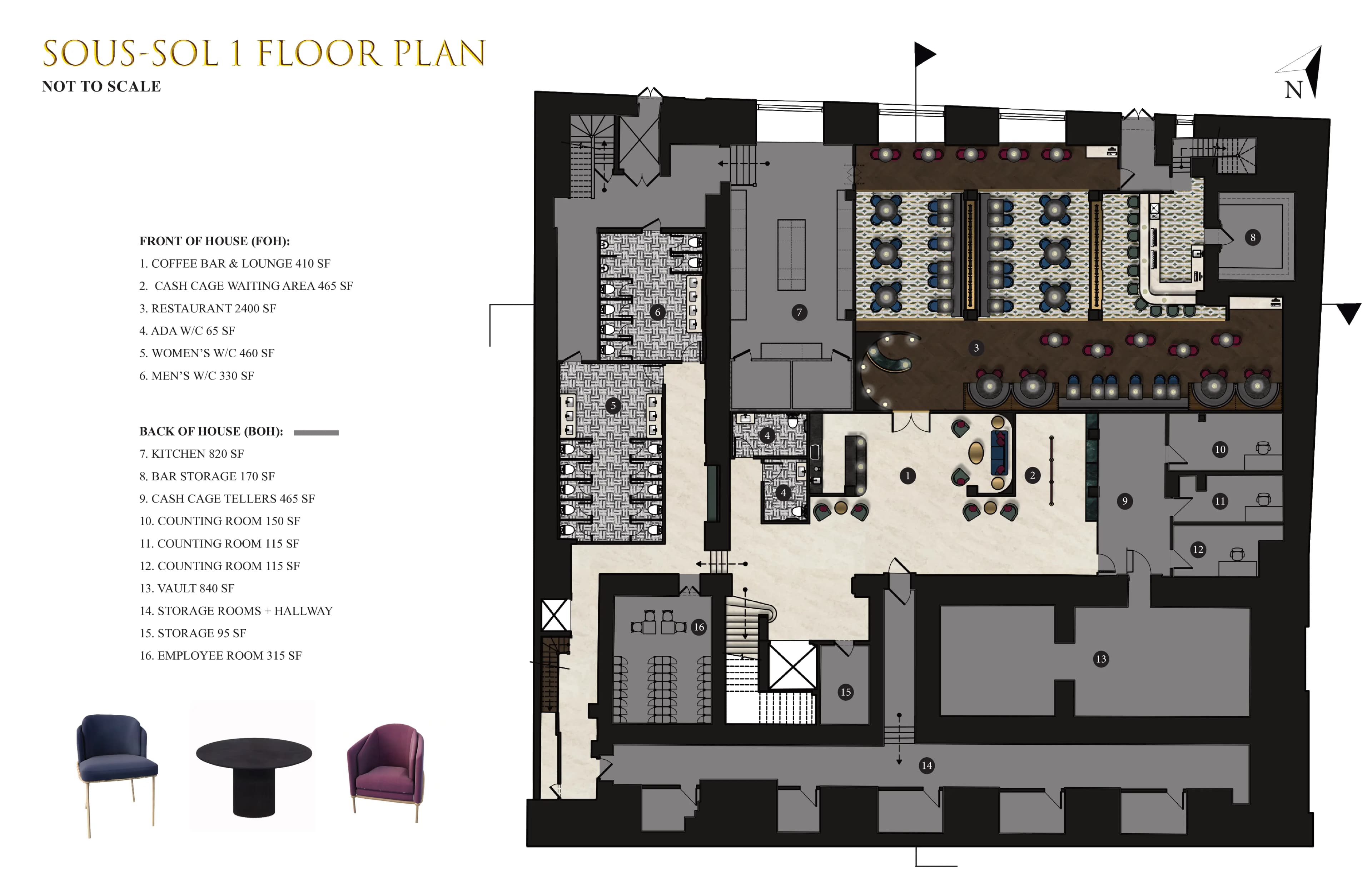 Plan du sous-sol 1 : restaurant, café-bar, caisse, coffre-fort