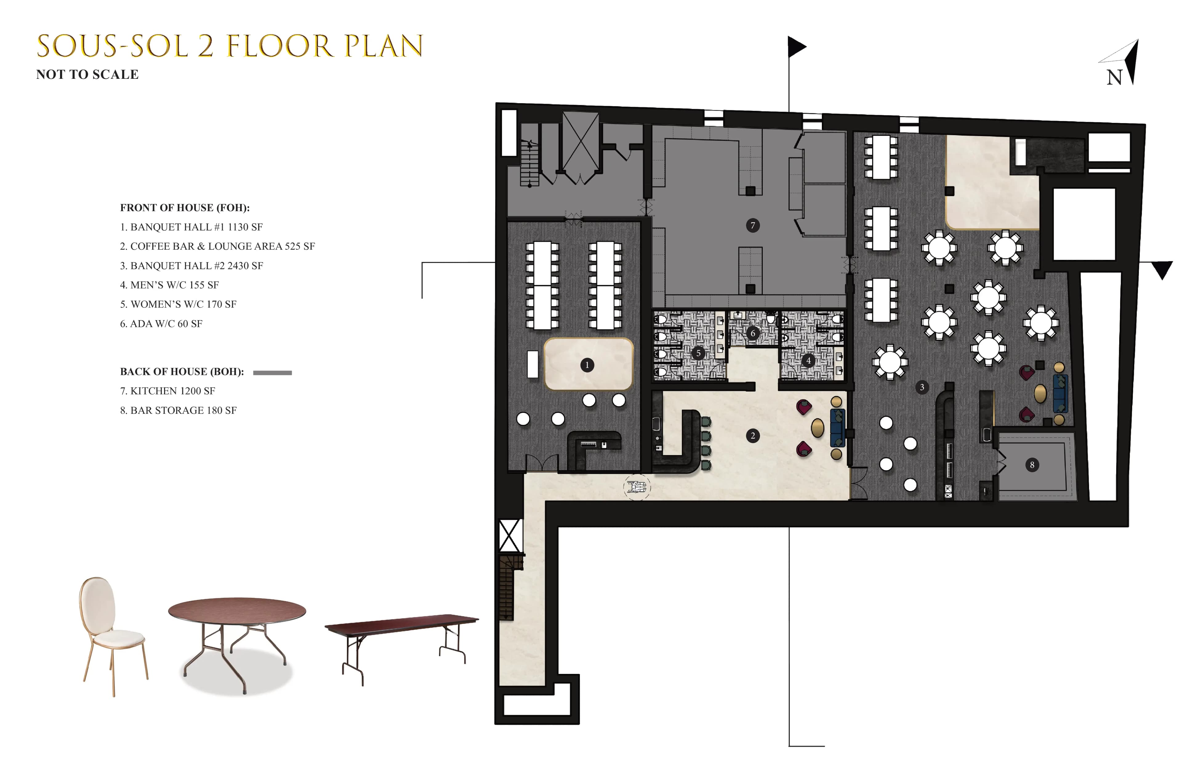 Plan du sous-sol 2 : salles de banquet, café-bar, cuisine
