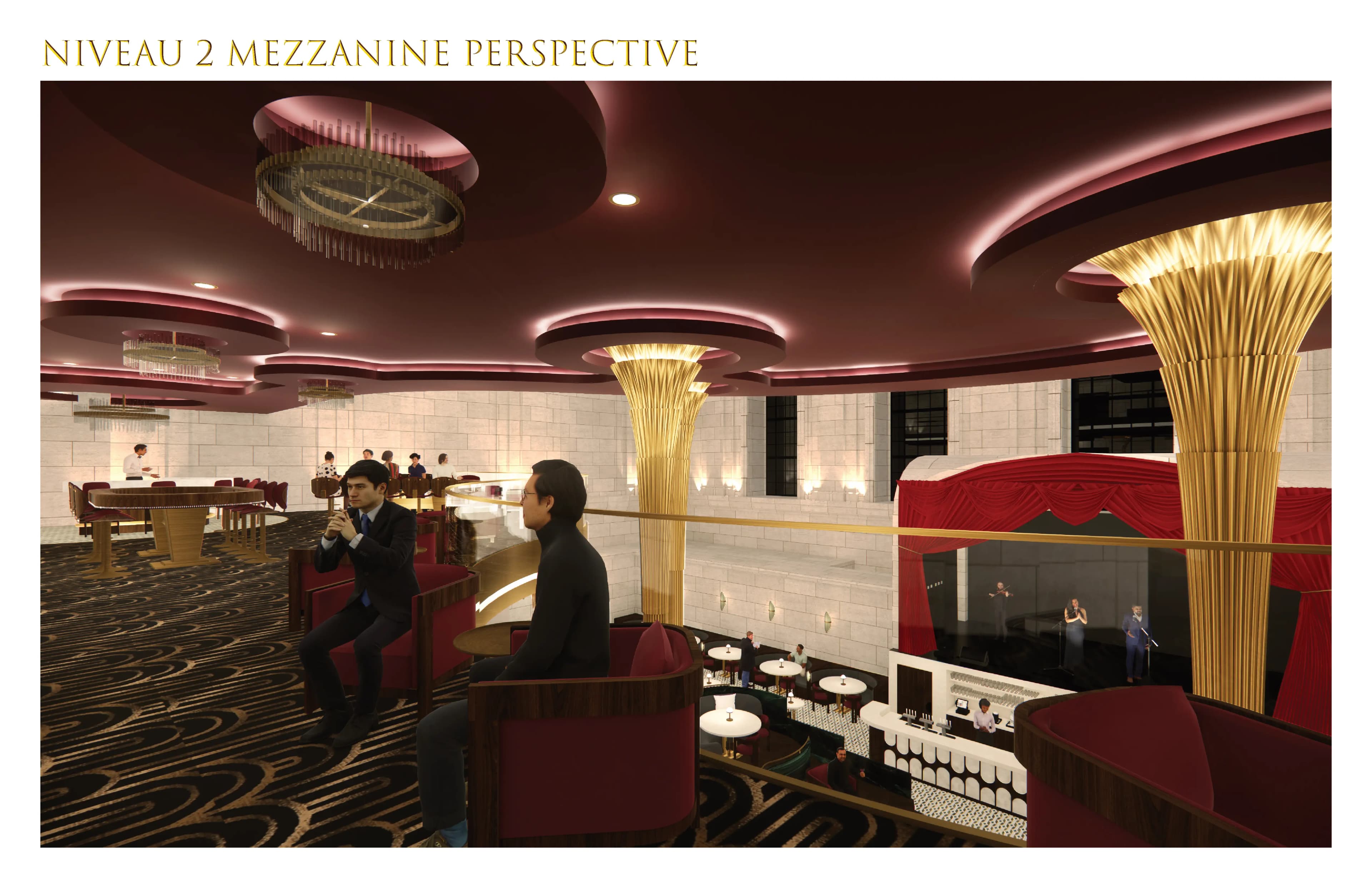 Perspective de la mezzanine niveau 2, vue sur le rez-de-chaussée