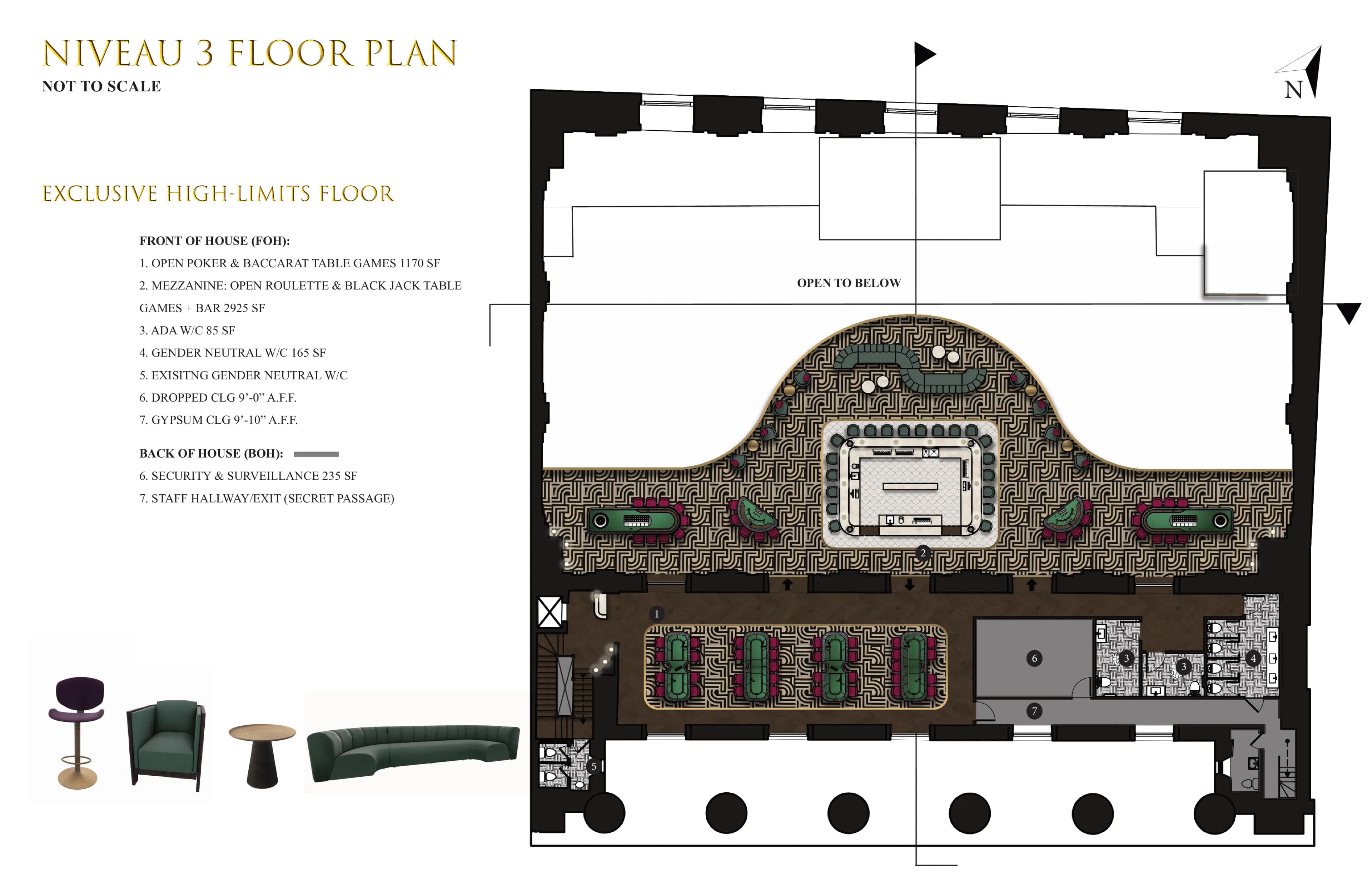 Plan du niveau 3 : poker, baccarat, roulette, blackjack, bar