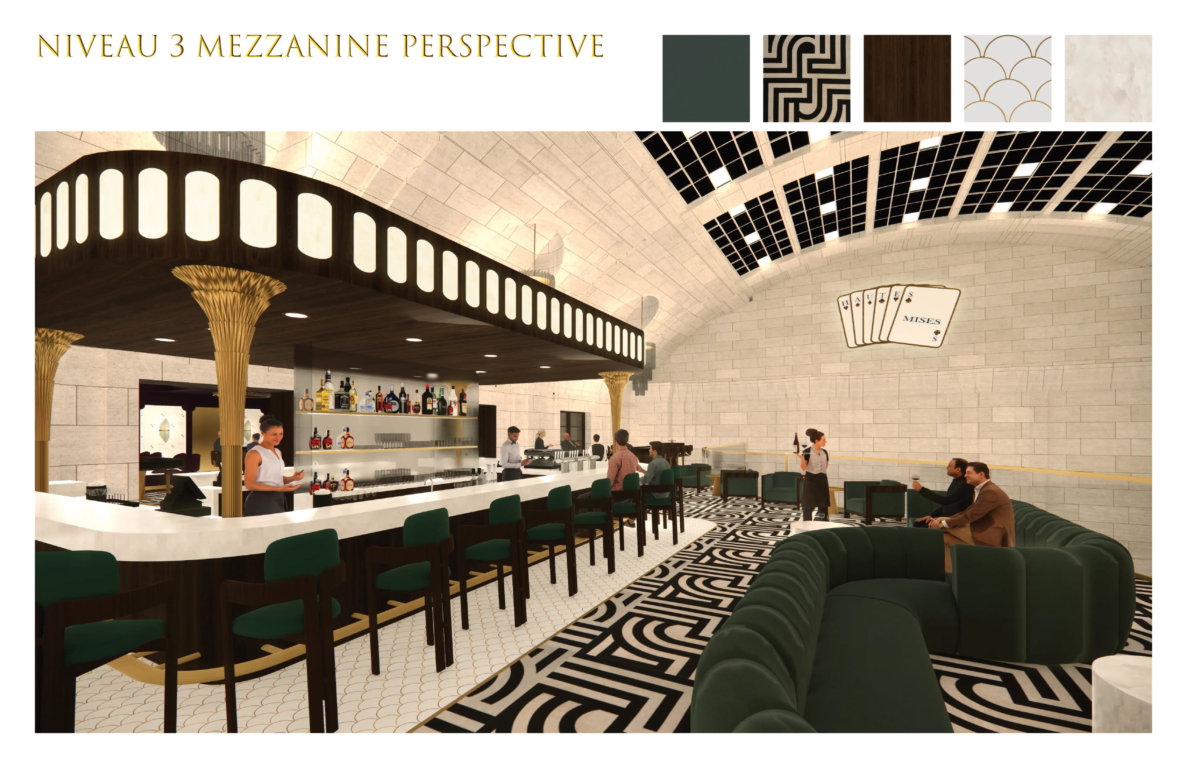 Perspective du bar mezzanine niveau 3, palette verte et marbre