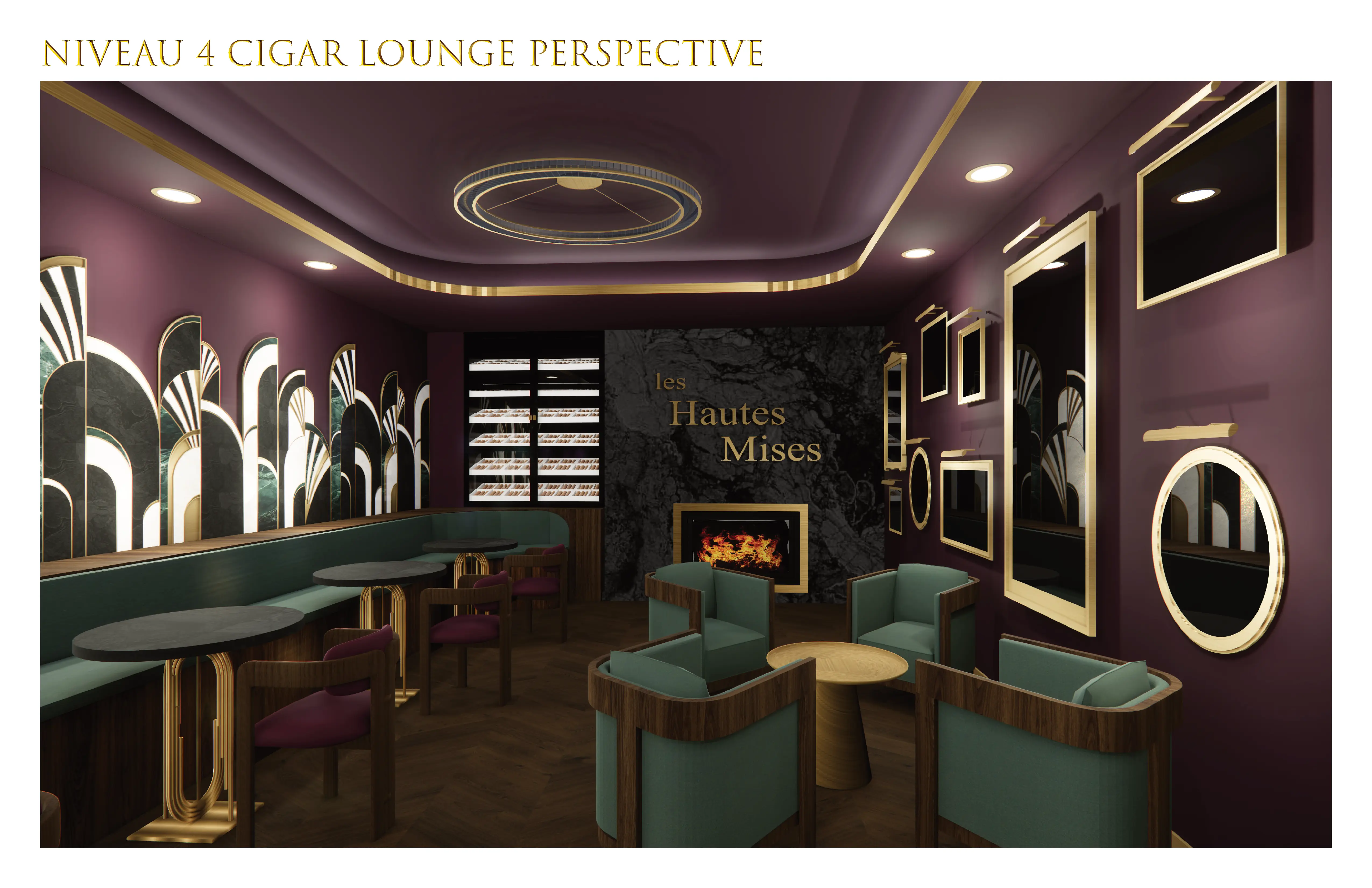 Perspective du salon de cigares niveau 4 avec foyer