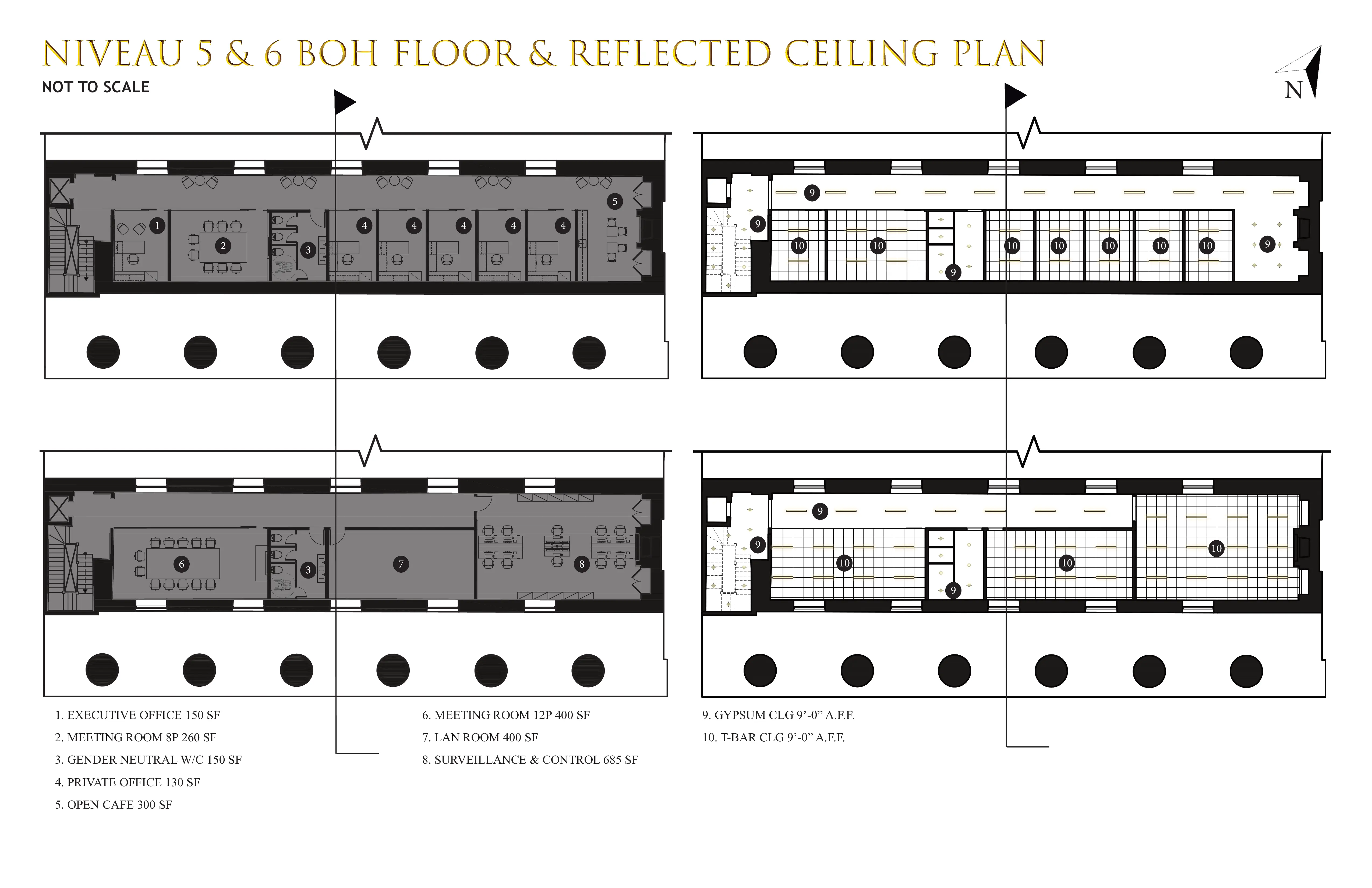 Plans des niveaux 5 et 6, bureaux et services