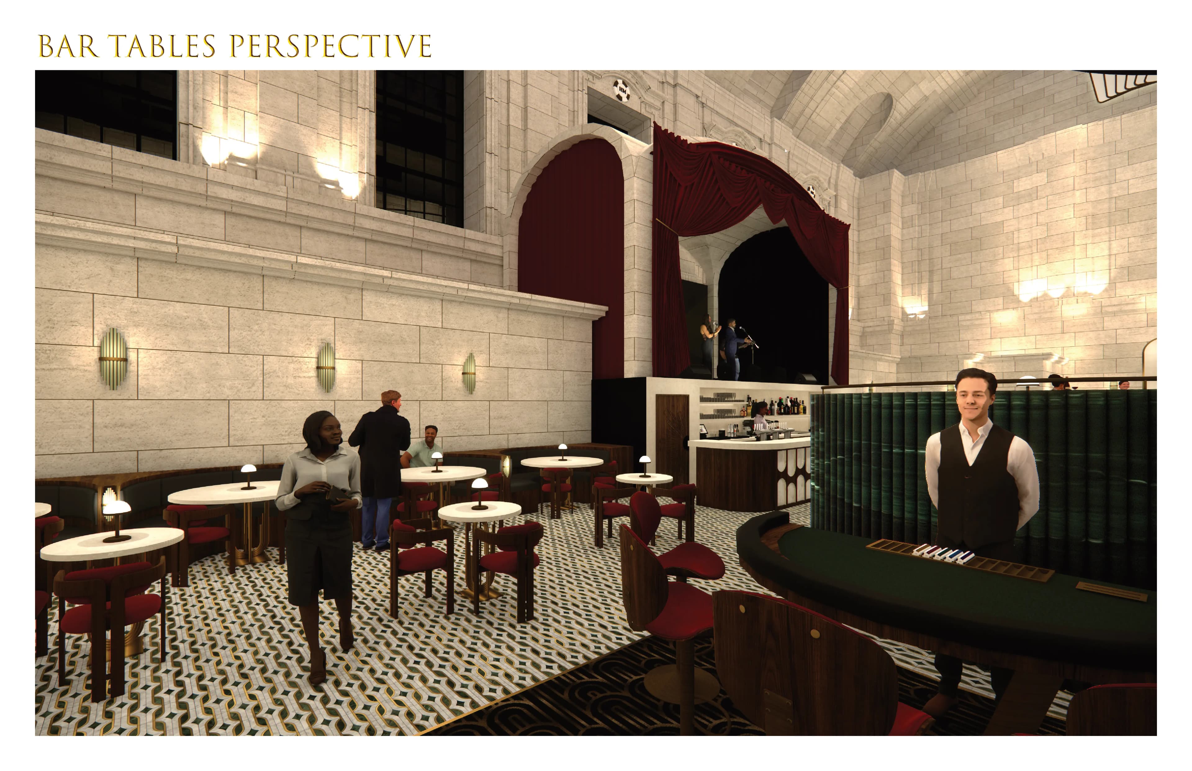 Perspective des tables du bar, rendu 3D