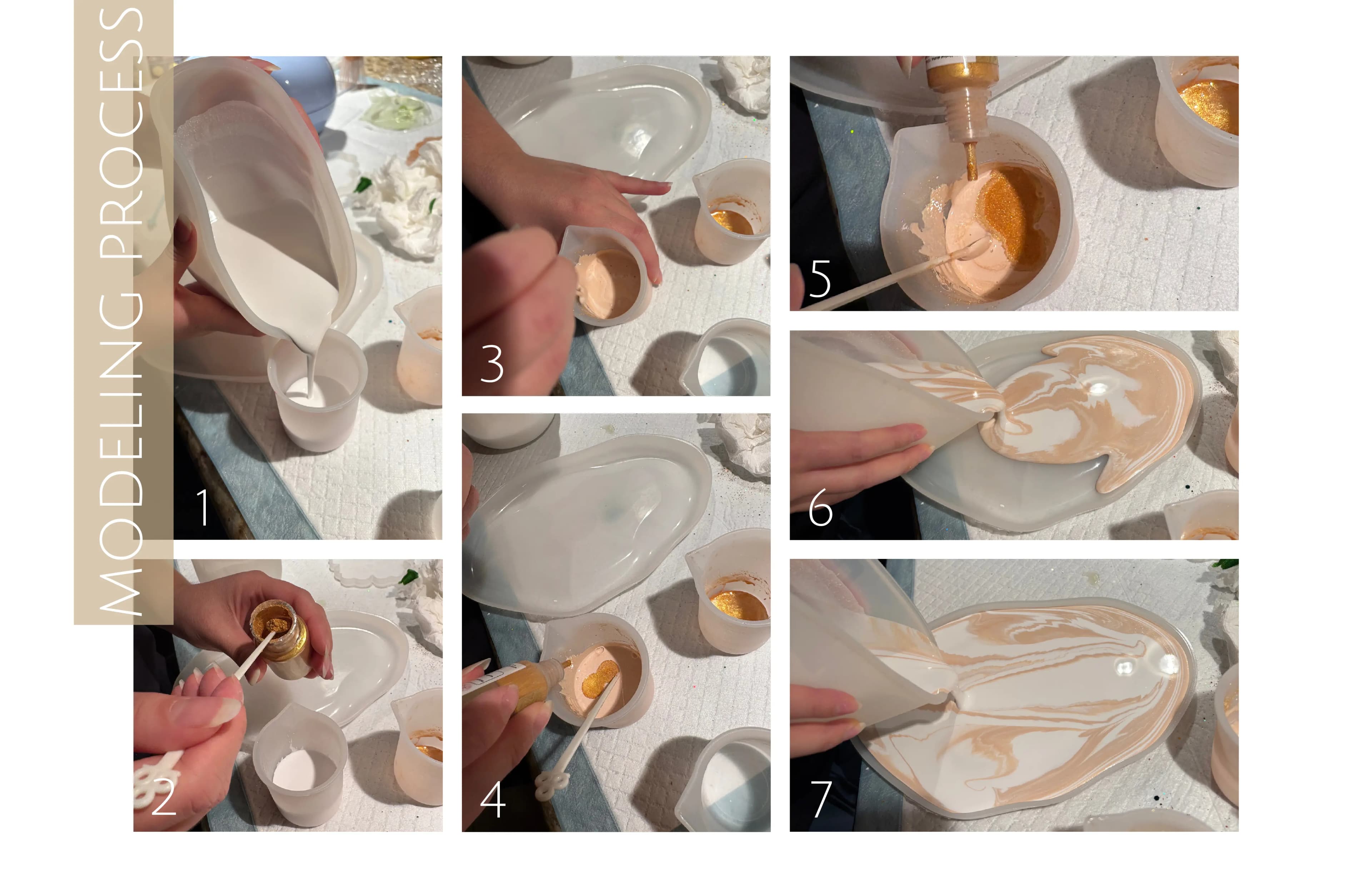 Processus de modélisation du plateau marbré avec pigment or rose